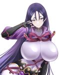  1girl arm_guards armor bodysuit breasts covered_navel fate/grand_order fate_(series) fingerless_gloves gloves highres huge_breasts japanese_armor kote lilcat long_hair looking_at_viewer minamoto_no_raikou_(fate) parted_bangs purple_bodysuit purple_eyes purple_hair ribbed_sleeves rope simple_background smile solo upper_body very_long_hair white_background 