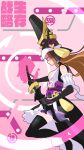  adapted_costume bare_shoulders black_headwear black_thighhighs breasts brown_hair cleavage closed_mouth cosplay drawing_sword hat highres holding holding_sword holding_weapon large_breasts long_hair mawaru_penguindrum onmyoji penguin_hat pink_background pink_eyes poppinmonkey princess_of_the_crystal princess_of_the_crystal_(cosplay) sword thighhighs weapon youtou_hime_(onmyoji) zettai_ryouiki 