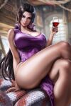  1girl alcohol artist_name ass black_hair blue_eyes blurry blurry_background boa_hancock breasts collarbone collared_dress crossed_legs cup dandon_fuga dress drinking_glass earrings highres holding holding_cup jewelry large_breasts long_hair one_piece pelvic_curtain popped_collar purple_dress purple_nails sitting sleeveless sleeveless_dress snake_earrings snake_tail solo tail window wine wine_glass 