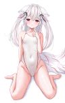  1girl absurdres animal_ears barefoot breasts commission competition_swimsuit covered_navel fox_ears fox_girl fox_tail guild_cq highleg highleg_swimsuit highres kurenagi_eri long_hair looking_at_viewer multicolored_hair ncontrail_(mgax7527) one-piece_swimsuit red_eyes red_hair simple_background sitting skeb_commission small_breasts solo streaked_hair swimsuit tail two-tone_hair two-tone_swimsuit virtual_youtuber wariza white_background white_hair white_one-piece_swimsuit 