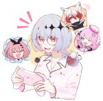  absurdres animal_ears bluebell_0000 cat_ears crosshair_pupils dtto. handheld_game_console highres holding holding_handheld_game_console indie_virtual_youtuber multicolored_clothes multiple_girls otokado_ruki pajamas pink_hair pink_pajamas red_eyes scarz skull_print smile syusetu_kohaku tulsi_nightmare utaite vee_(vtuber) virtual_youtuber white_hair 