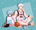  2boys aya_shiro423 basketball basketball_uniform black_footwear blue_background blue_eyes blue_hair cosplay crossed_ankles cup dated disposable_cup drinking gintama hair_between_eyes kagami_taiga kagami_taiga_(cosplay) knees_up kuroko_no_basuke kuroko_tetsuya male_focus mouth_hold multiple_boys red_eyes sakata_gintoki sakata_gintoki_(cosplay) scar scar_on_arm scar_on_leg shirt shoes sitting sneakers sportswear sweatband sword weapon white_hair white_shirt wooden_sword wristband 