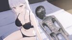  1girl alien black_bra black_panties bra breasts commentary english_commentary highres keihh looking_at_viewer lying meme mexico_ufo_alien_bodies_hearing_(meme) original panties underwear underwear_only 