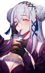  1girl absurdres armor breasts bubble_tea cleavage closed_eyes double_bun drinking grey_hair hair_bun hair_ornament hand_on_own_cheek hand_on_own_face highres knight long_hair nijisanji nijisanji_en nrnmarie solo tassel tassel_hair_ornament victoria_brightshield virtual_youtuber x_hair_ornament 