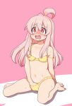  1girl absurdres ahoge barefoot blush bra breasts collarbone commentary_request female_masturbation fingering full_body hair_between_eyes hand_in_panties highres long_hair looking_at_viewer masturbation navel no_nose onii-chan_wa_oshimai! open_mouth oversized_breast_cup oyama_mahiro paid_reward_available panties pink_background pink_hair red_eyes shiwasu_no_okina sitting small_breasts solo strap_slip sweat thighs toes underwear underwear_only wariza yellow_bra yellow_panties 