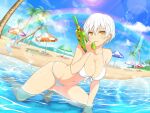  1girl barefoot beach beach_umbrella bikini blue_sky breasts caustics day feet holding holding_water_gun kneeling large_breasts legs looking_at_viewer miyabi_(senran_kagura) official_art outdoors palm_tree partially_submerged rainbow senran_kagura senran_kagura_peach_beach_splash short_hair sky solo swimsuit toenails toes tree umbrella water water_gun white_bikini white_hair yellow_eyes 