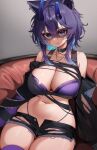  1girl animal_ears bare_shoulders black_choker black_shorts blue_eyes blue_hair breasts choker cleavage closed_mouth collarbone commentary english_commentary highres horns kaptivate large_breasts long_sleeves looking_at_viewer medium_hair micro_shorts mole mole_under_eye navel off_shoulder purple_thighhighs shorts sitting snuffy_(vtuber) solo thighhighs thighs torn_clothes torn_shorts torn_sleeves virtual_youtuber vshojo 