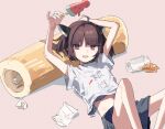  1girl ahoge alternate_costume arm_up black_skirt blade brown_eyes brown_hair casual commentary_request cup drinking_glass feet_out_of_frame food food_wrapper headgear highres hitogome holding holding_food holding_ice_cream ice_cream jitome kiritanpo_(food) knees_up looking_at_viewer lying melting midriff_peek on_back open_mouth oversized_food oversized_object pinky_out popsicle popsicle_stick print_shirt reclining shirt short_twintails skirt smile solo spill stained_clothes touhoku_kiritan twintails v-shaped_eyebrows voiceroid watermelon_bar 