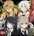  2boys 2girls absurdres alternate_costume black_dress black_hair black_jacket black_necktie blonde_hair blush brown_eyes chainsaw_man chibi collared_shirt commentary copyright_name cosplay costume_switch cross_scar crossover denji_(chainsaw_man) dress english_commentary flying_sweatdrops fourth_east_high_school_uniform gloves green_eyes hair_between_eyes headband highres jacket kurenaiz1 long_hair low_twintails maka_albarn mitaka_asa multiple_boys multiple_girls necktie pale_skin pinafore_dress red_eyes scar scar_on_face school_uniform sharp_teeth shirt sleeveless sleeveless_dress soul_eater soul_evans spiked_hair sweat teeth tongue tongue_out twintails twitter_username uniform white_gloves white_hair white_shirt yellow_eyes yoru_(chainsaw_man) 