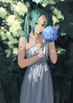  1girl absurdres aqua_hair bare_arms bare_shoulders blue_flower bouquet breasts closed_mouth collarbone cowboy_shot day dress expressionless flower foliage green_eyes highres hikimayu holding holding_bouquet holding_flower long_hair looking_at_viewer monogatari_(series) nemo_ringo ononoki_yotsugi outdoors parted_bangs short_eyebrows sidelocks sleeveless sleeveless_dress small_breasts solo standing sundress thick_eyebrows white_dress 