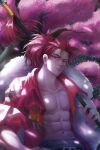  1boy abs absurdres belt black_belt changpao cherry_blossoms chinese_clothes collarbone dragon_print fate/grand_order fate_(series) frown grey_eyes hair_between_eyes highres holding holding_polearm holding_weapon li_shuwen_(fate) li_shuwen_(young)_(fate) male_focus muscular muscular_male navel open_clothes open_shirt polearm qisaiman solo tree weapon 