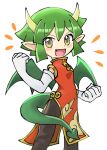  1girl draco_centauros dragon_girl dragon_horns dragon_tail dragon_wings dress gloves green_eyes green_hair green_wings horns looking_at_viewer madou_monogatari open_mouth pointy_ears puyopuyo rasu_(pixiv9799832) red_dress simple_background smile solo standing tail white_background white_gloves wings 