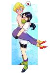  2girls artist_name black_hair blonde_hair blue_eyes blush breasts dragon_ball dragon_ball_z earrings english_commentary erasa_(dragon_ball) face_to_breasts full_body heart highres jewelry large_breasts lifting_person meme multiple_girls pants puffphox rozen_phox shirt shoes short_hair shorts simple_background smile spoken_heart t-shirt tank_top teeth twintails upper_teeth_only videl yuri 