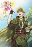  1boy blunt_bangs brown_eyes color_guide fire_emblem fire_emblem:_three_houses fire_emblem_warriors:_three_hopes flower green_hair highres ignatz_victor kunio92031_o leaf male_focus open_mouth paintbrush quill solo teeth tree 