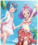  2girls acerola_(pokemon) acerola_(sygna_suit)_(pokemon) arm_up armlet blue_eyes blue_hair border bracelet bright_pupils cloud commentary_request day dress flipped_hair flower gazing_eye hair_flower hair_ornament hairband highres holding_hands jewelry knees lana_(pokemon) lana_(sygna_suit)_(pokemon) leg_up looking_at_viewer looking_down medium_hair multiple_girls navel necklace no_sclera official_alternate_costume outdoors palm_tree pink_hairband pokemon pokemon_(game) pokemon_masters_ex purple_hair red_flower red_skirt sandals shirt short_hair skirt sky sleeveless sleeveless_shirt sweatdrop topknot tree white_border white_dress white_pupils white_shirt 