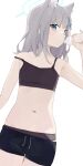  1girl alternate_breast_size animal_ear_fluff animal_ears black_camisole black_panties black_shorts blue_archive blue_eyes bottle camisole collarbone commentary_request crop_top flat_chest grey_hair halo highres hiroki_(yyqw7151) holding holding_bottle looking_at_viewer mismatched_pupils navel panties shiroko_(blue_archive) shorts simple_background solo stomach thigh_gap underwear white_background wolf_ears 