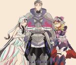  1boy 2girls absurdres armor beard blonde_hair closed_eyes dress facial_hair fire_emblem fire_emblem_engage frilled_dress frilled_headwear frills highres long_hair maid_headdress marni_(fire_emblem) mauvier_(fire_emblem) multicolored_hair multiple_girls omlililimo open_mouth ribbon short_hair smile standing veyle_(fire_emblem) white_headwear yellow_eyes 