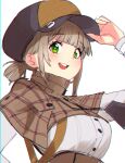  1girl blunt_bangs blush brown_capelet brown_cloak brown_hair capelet cloak cross-shaped_pupils deerstalker detective goddess_of_victory:_nikke green_eyes hat highres ninchan novel_(nikke) open_mouth orange_headwear plaid plaid_capelet plaid_cloak short_hair short_twintails sidelocks smile solo symbol-shaped_pupils twintails 