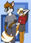  belt_buckle bottomwear canid canine clothing denim denim_clothing eyewear female fox glasses green_eyes hybrid jeans male male/female mammal mephitid pants skirt skunk tail_wrapped_around 