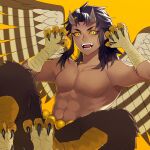  1boy animal_feet animal_hands beads bird_legs bird_wings brown_hair brown_wings claws colored_sclera dark-skinned_male dark_skin demon_boy digitigrade fangs feathered_wings grey_horns hands_up harpy_boy horns kimetsu_no_yaiba long_hair looking_at_viewer male_focus monster_boy narihira_hira no_shirt open_mouth pointy_ears sidelocks simple_background solo talons text_in_eyes toned toned_male urogi_(kimetsu_no_yaiba) veins wings yellow_background yellow_eyes yellow_sclera 