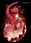  2others artist_name black_background claws closed_eyes digimon digimon_(creature) digital_hazard english_text full_body gem gigimon guilmon highres multiple_others no_humans open_mouth red_gemstone shioronshion simple_background tail wings 