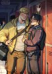  2boys against_locker backpack bad_id bad_tumblr_id bag bara black_hair blonde_hair book couple cris_art denim eye_contact feet_out_of_frame hallway height_difference holding holding_book hood hooded_jacket hulkling jacket jeans kabedon long_sideburns looking_at_another male_focus marvel multiple_boys pants short_hair shoulder_bag sideburns smile standing thick_eyebrows toned toned_male wiccan yaoi yellow_jacket 