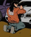  1boy american_flag black_eyes black_hair blue_footwear blue_pants brown_jacket car commentary_request full_body holding holding_knife inudori itou_kaiji jacket kaiji kneeling knife long_hair long_sleeves looking_at_viewer looking_back male_focus motor_vehicle pants shoes sneakers solo south_korean_flag 