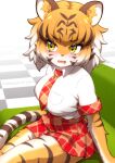  1girl animal_ear_fluff animal_ears animal_nose arms_at_sides blonde_hair blush body_fur breast_pocket breasts brown_fur brown_hair casting_couch collared_shirt colored_inner_hair couch embarrassed ev_(kemomimizuku) furrification furry furry_female kemono_friends looking_at_viewer medium_hair miniskirt multicolored_fur multicolored_hair necktie plaid plaid_necktie plaid_skirt plaid_sleeves plaid_trim pleated_skirt pocket shirt short_sleeves skirt solo striped_hair sweat tail taut_clothes taut_shirt tiger_(kemono_friends) tiger_ears tiger_girl tiger_tail white_hair white_shirt wing_collar yellow_eyes yellow_fur 