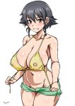  1girl absurdres areola_slip bikini black_hair braid breasts brown_eyes covered_nipples girls_und_panzer highres huge_breasts large_areolae looking_at_viewer navel pepperoni_(girls_und_panzer) short_hair simple_background smile solo swimsuit tavor_(m_tavor) white_background yellow_bikini 