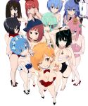 1boy 6+girls ;d absurdres animal_ears bare_shoulders black_footwear black_hair black_nails black_necktie blue_eyes blue_hair blue_leotard bocchi_the_rock! bow bowtie breasts brown_hair cat_ears chainsaw_man character_request closed_mouth collarbone copyright_request covered_nipples crossed_bangs dot_nose english_commentary facial_mark fake_animal_ears fake_tail flcl forehead from_above fubuki_(one-punch_man) gotou_hitori green_eyes green_hair green_leotard grey_leotard grin gun hair_between_eyes hand_on_own_hip hand_up handgun haruhara_haruko hat heart_pasties high_heels highleg highleg_leotard highres large_breasts legs_apart leotard looking_at_viewer makima_(chainsaw_man) medium_breasts mikasa_ackerman multiple_girls necktie neon_genesis_evangelion one-punch_man one_eye_closed orange_hair parted_bangs pasties pink_footwear pink_hair pink_leotard playboy_bunny pointing pointing_at_viewer purple_eyes rabbit_tail re:zero_kara_hajimeru_isekai_seikatsu red_bow red_bowtie red_eyes red_footwear red_leotard red_scarf rem_(re:zero) saitama_(one-punch_man) scarf shingeki_no_kyojin simple_background sinon small_breasts smile smoking some1else45 split_mouth standing sword_art_online sword_art_online_alternative:_gun_gale_online tail thigh_strap thighs v v-shaped_eyebrows weapon whisker_markings white_background 