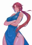  1girl arms_under_breasts bare_shoulders blue_dress blurry breasts brown_eyes brown_hair china_dress chinese_clothes collared_dress commission covered_navel crossed_arms depth_of_field dress hair_between_eyes hairband highres hong_xiu_ying large_breasts long_hair looking_at_viewer low_ponytail parted_bangs red_hairband serious shenmue shenmue_ii side_slit sidelocks skin_tight solo studionice2011 thighs toned twitter_username very_long_hair white_background white_trim 