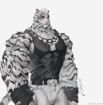  1boy abs absurdres animal_ears arknights bandaged_hand bandages bara belt black_belt black_tank_top bulge chain_necklace cowboy_shot dryskeleton_(drawing_jimmy) facial_hair furry furry_male goatee highres jewelry large_hands large_pectorals looking_at_viewer male_focus mountain_(arknights) muscular muscular_male necklace nipples pants pectorals scar scar_across_eye scar_on_arm short_hair sidepec solo stomach tank_top thick_arms thick_eyebrows tiger_boy tiger_ears white_hair white_pants 