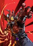  1boy absurdres altering_(agito) armor armored_bodysuit black_bodysuit bodysuit commentary compound_eyes flaming_hand highres horns kamen_rider kamen_rider_agito_(burning_form) kamen_rider_agito_(series) male_focus multiple_horns murasaki_no_ryuuki reaching reaching_towards_viewer red_armor red_background red_horns red_theme shoulder_armor simple_background spiked_gauntlets yellow_eyes 