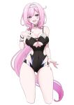  absurdres alternate_costume black_one-piece_swimsuit blue_eyes blush breasts cleavage cleavage_cutout clothing_cutout cropped_legs elysia_(honkai_impact) hairband highres honkai_(series) honkai_impact_3rd large_breasts long_hair one-piece_swimsuit open_mouth pink_hair pink_pupils pointy_ears qing231 simple_background smile swimsuit teeth upper_teeth_only very_long_hair white_background white_hairband 
