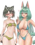  2girls animal_ears arknights bikini blue_bikini blush breasts brown_eyes cat_ears cat_girl cat_tail clenched_teeth cowboy_shot extra_ears fang green_bikini green_eyes green_hair groin hair_ornament hand_up harmonie_(arknights) heart highres kaguura_(kagu) large_breasts long_hair looking_at_viewer mandragora_(arknights) multiple_girls open_mouth ribs short_hair simple_background sketch skin_fang small_breasts strapless strapless_bikini swimsuit tail teeth thighs w white_background 
