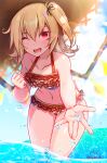 1girl absurdres baileys_(tranquillity650) bare_arms bare_legs bare_shoulders bikini blonde_hair blush crystal flandre_scarlet frilled_bikini frills hair_between_eyes hat highres long_hair navel one_eye_closed open_mouth red_bikini red_eyes side_ponytail smile solo sun_hat swimsuit touhou water wings 