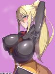  1girl arm_between_breasts arm_up armpits between_breasts black_bodysuit blonde_hair blue_eyes blush bodysuit braid breasts check_commentary commentary_request covered_nipples crown_braid darkness_(konosuba) hair_ornament highres huge_breasts impossible_bodysuit impossible_clothes kono_subarashii_sekai_ni_shukufuku_wo! long_hair men_teru pink_background ponytail puffy_nipples red_ribbon ribbon shiny_clothes skin_tight spread_armpit steaming_body strap_between_breasts sweat v very_long_hair x_hair_ornament 