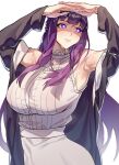  1girl armpits arms_up black_coat breasts celyn404 closed_mouth coat collar commentary cut_bangs dress fern_(sousou_no_frieren) frilled_collar frills highres huge_breasts long_dress long_hair looking_to_the_side off_shoulder open_clothes open_coat purple_eyes purple_hair sidelocks sleeveless sleeveless_dress solo sousou_no_frieren straight_hair sweat white_background white_dress 