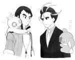  2boys :3 arms_around_neck closed_eyes closed_mouth collared_shirt greyscale half-closed_eyes hoshi_(star-name2000) jacket komala larry_(pokemon) monochrome multicolored_hair multiple_boys necktie norman_(pokemon) open_clothes open_jacket pokemon pokemon_(creature) pokemon_(game) pokemon_on_arm pokemon_on_back pokemon_oras pokemon_sv salaryman shirt short_hair sideburns slakoth sleeping sleeves_rolled_up sloth_(animal) streaked_hair suit thick_eyebrows trait_connection two-tone_hair u_u zzz 