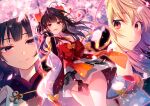  2girls amatsu_karla black_hair blonde_hair cherry_blossoms highres hikikomari_kyuuketsuki_no_monmon japanese_clothes long_hair md5_mismatch multiple_girls official_art open_mouth purple_eyes red_eyes resolution_mismatch ribbon riichu smile source_smaller terakomari_gandezblood thighs 