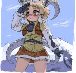  1girl animal_ears arm_at_side arm_up belt blonde_hair blush brown_skirt brown_vest collared_shirt cowboy_shot cropped_vest day elbow_gloves extra_ears fur-trimmed_skirt fur_trim gloves goat_ears goat_horns grey_horns handsdsds horizontal_pupils horns kemono_friends kemono_friends_3 large_horns layered_sleeves looking_afar miniskirt mountainous_horizon multicolored_hair nose_blush nubian_ibex_(kemono_friends) open_clothes open_vest outdoors parted_lips shirt skirt solo untucked_shirt vest weapon weapon_on_back white_hair wing_collar yellow_eyes yellow_shirt 