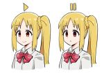  1girl ahoge blonde_hair bocchi_the_rock! bow bowtie closed_mouth commentary cropped_torso dress_shirt empty_eyes ijichi_nijika long_hair looking_to_the_side multiple_views parted_lips pause_button play_button red_bow red_bowtie red_eyes school_uniform shirt side_ponytail sidelocks smile tenten_(chan4545) white_shirt wing_collar 