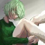  1girl commentary_request cross-laced_clothes dress gradient_background green_dress green_eyes green_hair grey_background highres hot_milk_oc long_sleeves no_headwear open_mouth short_hair soga_no_tojiko solo touhou 