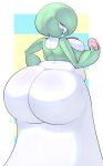  absurd_res belly big_belly big_breasts big_butt breasts butt chubby_female female food gardevoir generation_3_pokemon green_body hi_res holding_food holding_object huge_butt looking_at_viewer looking_back nintendo poffin pokemon pokemon_(species) princecoffeecakes rear_view red_eyes shaded simple_background smug solo white_body 