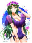  1girl adjusting_hair alternate_costume breasts bubble cecilia_(fire_emblem) cleavage clothing_cutout collar collarbone covered_navel cowboy_shot fire_emblem fire_emblem:_the_binding_blade green_eyes green_hair grin hand_in_own_hair highres large_breasts long_hair looking_at_viewer one-piece_swimsuit purple_one-piece_swimsuit side_cutout smile solo swimsuit tsukimura_(d24f4z8j3t) twitter_username very_long_hair white_background 