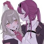  2girls blush commentary_request d0600059994959 eyewear_on_head grey_hair highres honkai:_star_rail honkai_(series) kafka_(honkai:_star_rail) multiple_girls parted_lips purple_eyes purple_hair stelle_(honkai:_star_rail) sweatdrop trailblazer_(honkai:_star_rail) yellow_eyes yuri 