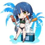  1girl bikini blue_hair blush bocchi_the_rock! breasts chibi chika_(06chimika13) cleavage cleavage_cutout closed_mouth clothing_cutout collarbone earrings food green_bikini hair_ornament hairclip headphones headphones_around_neck holding holding_food jewelry large_breasts long_sleeves looking_at_viewer mole mole_under_eye navel short_hair solo stud_earrings swimsuit yamada_ryo yellow_eyes 