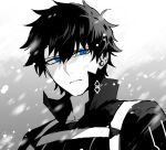  1boy black_hair black_shirt blue_eyes chaldea_uniform closed_mouth collarbone collared_shirt fate/grand_order fate_(series) frown fujimaru_ritsuka_(male) hair_between_eyes limited_palette looking_to_the_side male_focus medium_bangs monochrome_background sad shirt snow solo wasa_(wanosabi) 