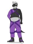  anthro bottomwear clothed clothing crop_top dragon footwear full-length_portrait fuze grin hi_res male midriff navel pants portrait scale_shine scalie shirt shoes simple_background slightly_chubby smile solo straps topwear white_background 