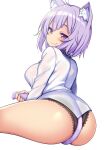  1girl :3 ahoge animal_ear_fluff animal_ears ass blush breasts cat_ears cat_girl cat_tail hair_between_eyes highres hololive lace-trimmed_panties lace_trim large_breasts long_sleeves looking_at_viewer nekomata_okayu nekomata_okayu_(4th_costume) panties purple_eyes purple_hair sakanaya_(sakanaya952) shirt short_hair smile solo tail thighs underwear virtual_youtuber 